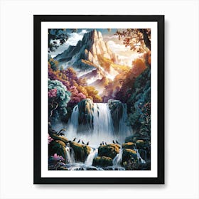 Mountain Waterfall Landscape Painting #4 Art Print