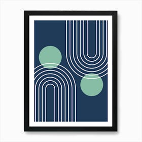 Mid Century Modern Geometric In Navy Blue And Greenery (Rainbow And Sun Abstract) 01 Art Print