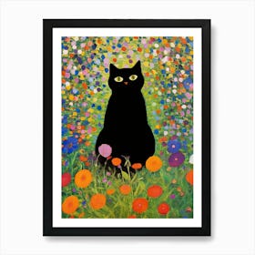 Gustav Klimt Black Cat Sitting In The Garden Botanical Art Print