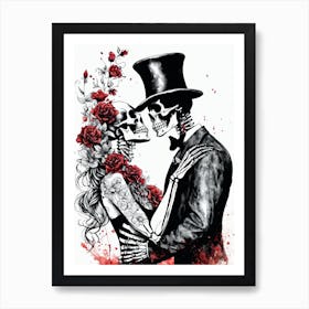 Floral Abstract Kissing Skeleton Lovers Ink Painting (12) Art Print