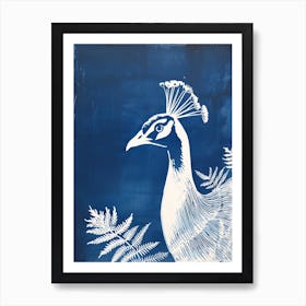 Navy Blue & White Peacock Linocut Inspired Portrait 3 Art Print