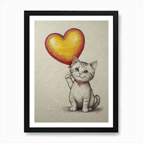 Cat Holding A Heart Balloon Art Print