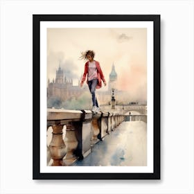 Girl Skateboarding In London, United Kingdom Watercolour 3 Art Print