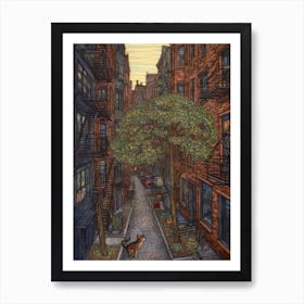 Painting Of New York With A Cat In The Style Of William Morris 3 Art Print