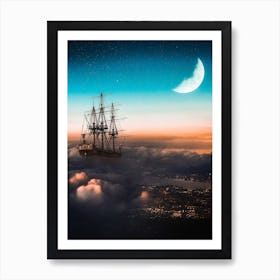 Magic Vessel Sailing Over The City Art Print