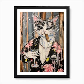 Animal Party: Crumpled Cute Critters with Cocktails and Cigars Cat With Cigar' Art Print