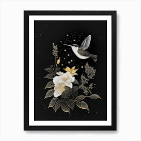 Hummingbird In Moonlit Night Vintage Gold & Black Art Print