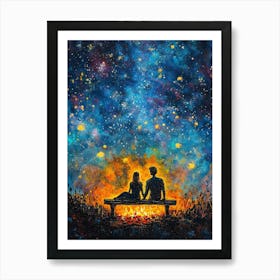 Young Couple In Love Holding Hands Sitting On Bench Near Bonfire Fire In Beautiful Night Starry Sky Art Print