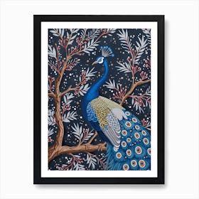 Folky Floral Peacock On A Tree Branch 3 Art Print