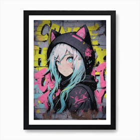 Kawaii Aesthetic Nekomimi Anime Cat Girl Urban Graffiti Style Art Print