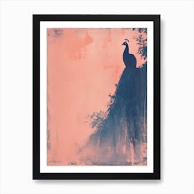 Pink & Blue Peacock Portrait Cyanotype Style   3 Art Print