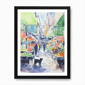 Food Market With Cats In Brooklyn 3 Watercolour Art Print