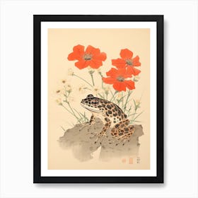 Frog And Flowers, Matsumoto Hoji Inspired Japanese Woodblock 3 Art Print
