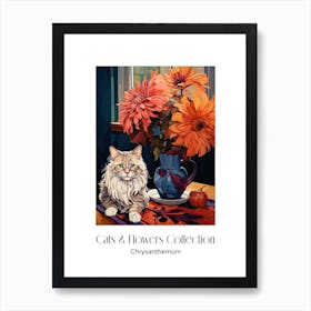 Cats & Flowers Collection Chrysanthemum Flower Vase And A Cat, A Painting In The Style Of Matisse 1 Art Print