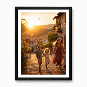 A Large Family Enjoying Their Day In Nature During The Stunning Sunset Siblings Laughing Lively Ch (1) Art Print