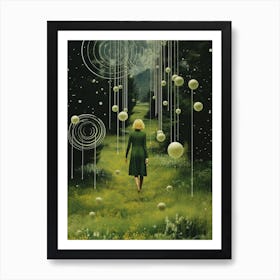 Cosmic landscape with a woman standing in a field Art Print