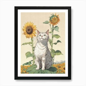 Cat Sunflowers Animal Portrait Garden Feline Kitty Kitten White Cat Pet Painting Vintage Retro Nature Leaves Summer Art Print