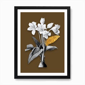 Vintage Crinum Giganteum Black and White Gold Leaf Floral Art on Coffee Brown n.0019 Art Print
