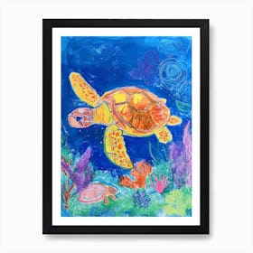 Colourful Sea Turtle Exploring Deep Into The Ocean Crayon Doodle 1 Art Print