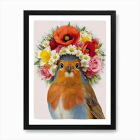 Robin In Flower Crown Art Print