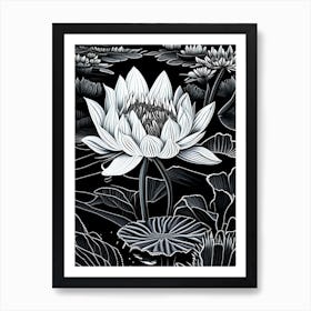 Water Lily Wildflower Linocut 2 Art Print