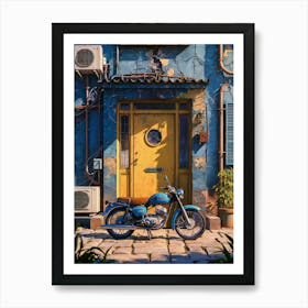 Lofi Anime Art: Vintage blue motorcycle by a rustic yellow door, surrounded by weathered blue walls and urban charm. Perfect for nostalgic urban vibes. Art Print