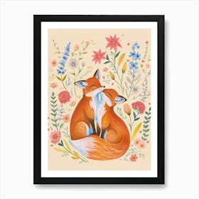 Folksy Floral Animal Drawing Fox 2 Art Print