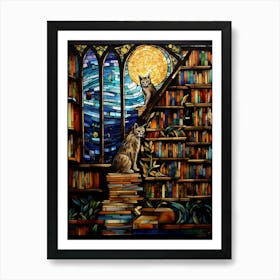 Stained Glass Mosaic Of Cats In A Library Art Print