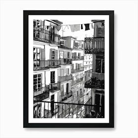 A Window View Of Barcelona In The Style Of Black And White  Line Art 4 Art Print