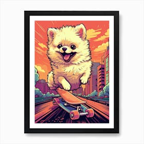 Pomeranian Dog Skateboarding Illustration 3 Art Print
