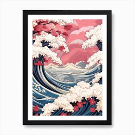 Great Wave With Cherry Blossom Flower Drawing In The Style Of Ukiyo E 1 Art Print