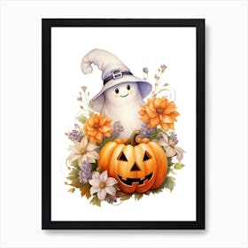 Cute Ghost With Pumpkins Halloween Watercolour 134 Art Print