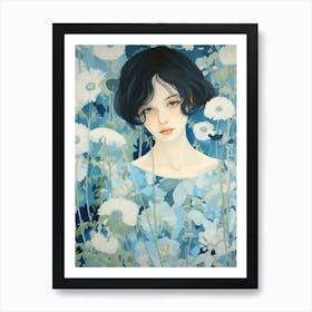 Girl In Blue Flowers Art Print