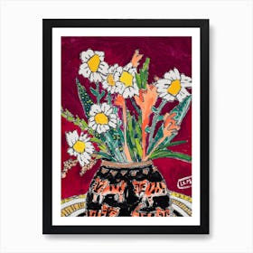 Daisy Bouquet On Wine Red With Tiger Vase Art Print