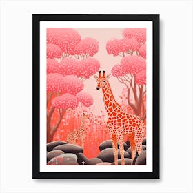 Two Giraffes Under The Blooming Trees Art Print