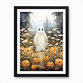 Cute Bedsheet Ghost, Botanical Halloween Watercolour 119 Art Print