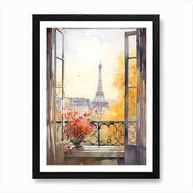 Window View Of Paris France In Autumn Fall, Watercolour 2 Art Print