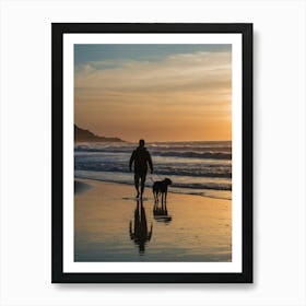 Man Walking Dog At Sunset Art Print