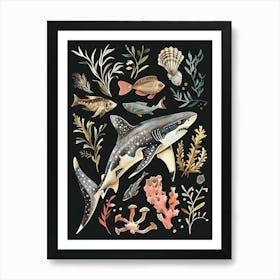 Shark In The Ocean Seascape Black Background Illustration 2 Art Print