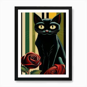 Victorian Black Cat With Roses 1, Black Cat Collection  Art Print