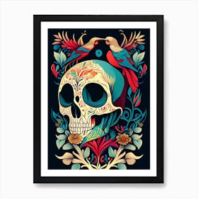 Skull With Bird Motifs Colourful Line Drawing Art Print