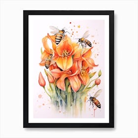 Beehive With Lilies Watercolour Illustration 3 Art Print