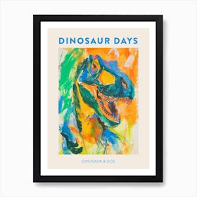 Dinosaur & Dog Orange Blue Dinosaur Poster Art Print