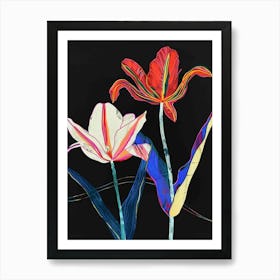 Neon Flowers On Black Tulip 4 Art Print