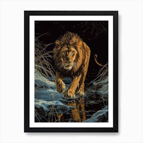 Barbary Lion Relief Illustration Night 3 Art Print