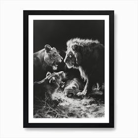 African Lion Charcoal Drawing Interaction With Other Wildlife 3 Art Print