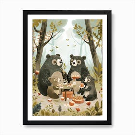 Sloth Bear Family Picnicking In The Woods Storybook Illustration 1 Art Print