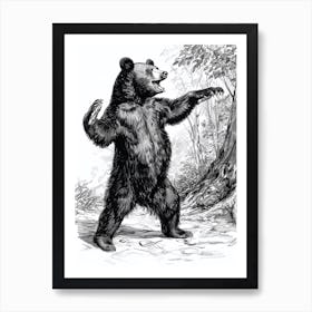 Malayan Sun Bear Dancing In The Woods Ink Illustration 2 Art Print