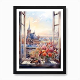 Window View Of Frankfurt Germany In Autumn Fall, Watercolour 1 Art Print