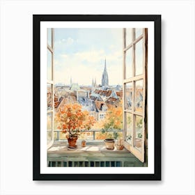 Window View Of Brussels Belgium In Autumn Fall, Watercolour 2 Art Print